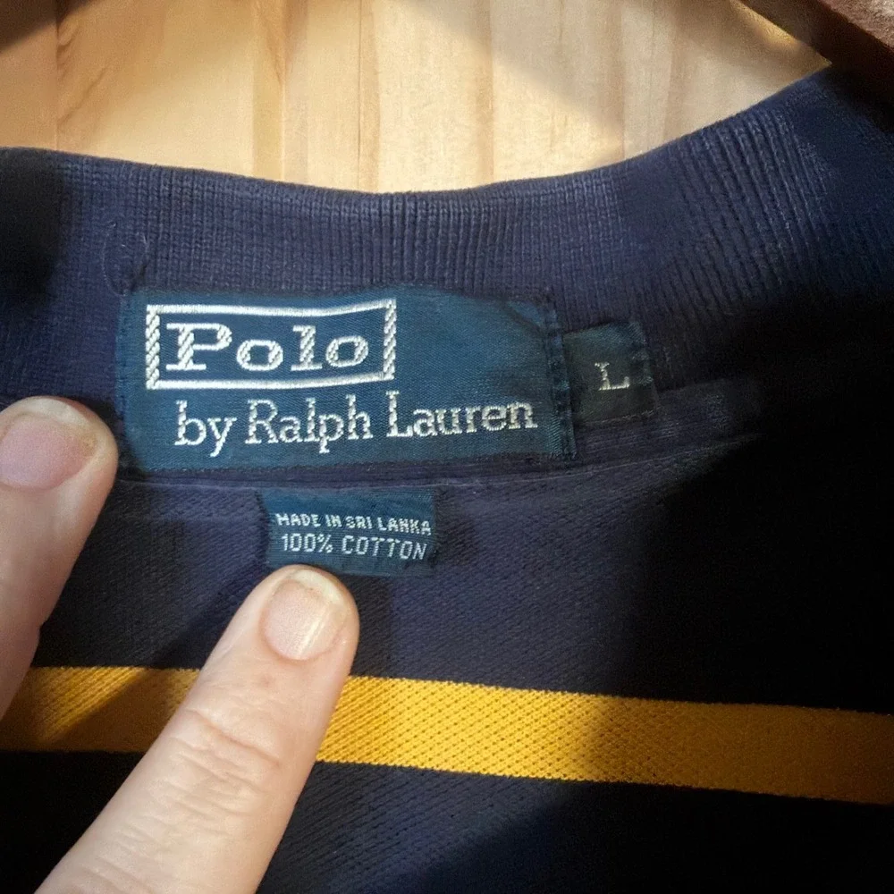 Polo Ralph Lauren Mens Large Navy Blue Yellow Striped Short Sleeve Pique Polo